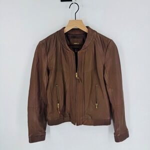 MNG Mango Brown Sheep Leather Bomber Jacket Size S Full Zip Streetwear Earthy